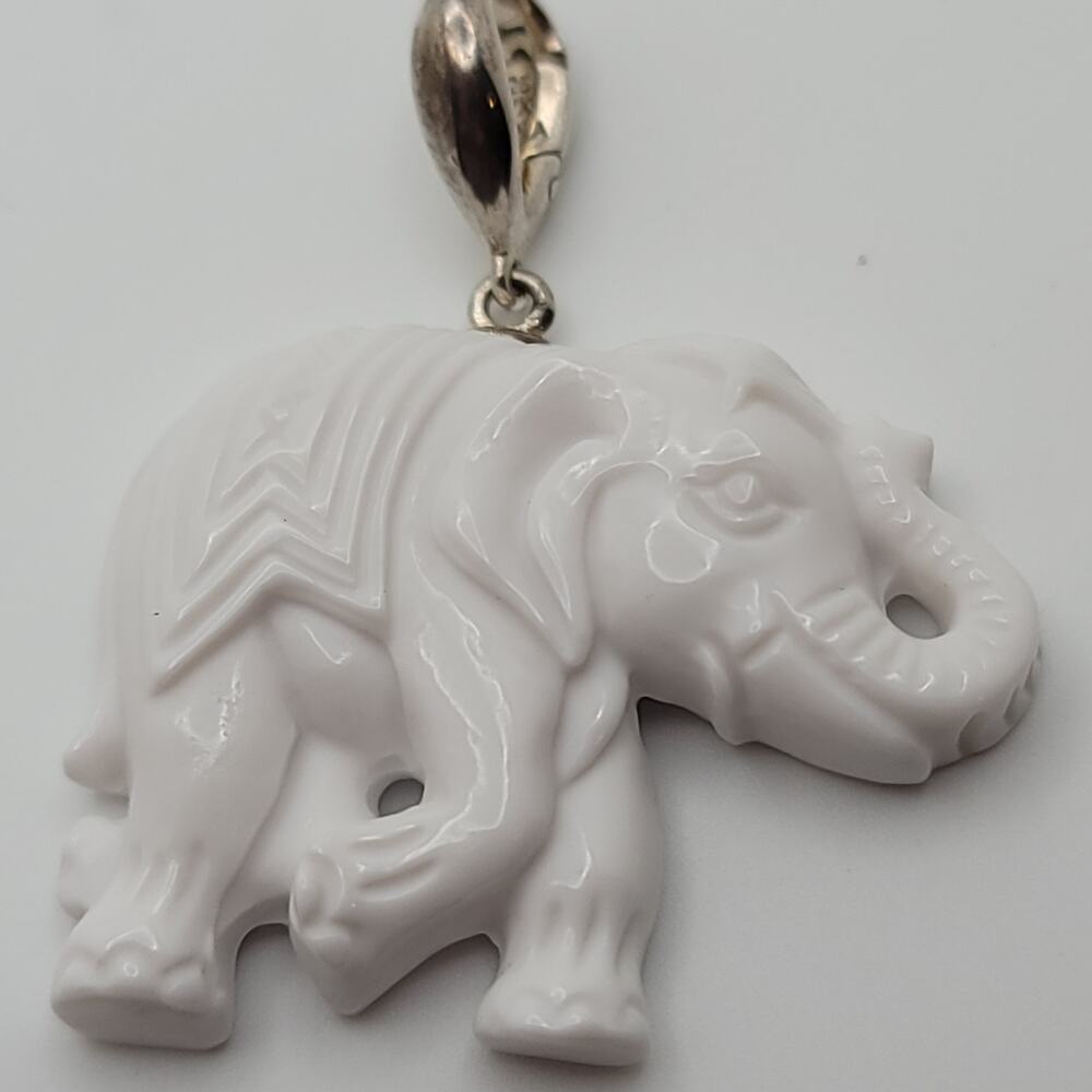 925 WK Carved White Stone Elephant Pendant